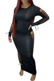 Черные модные сексуальные взрослые однотонные рваные платья-юбка-карандаш с круглым вырезом и длинными рукавами до щиколотки