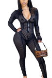 Black Sexy Solid See-through O Neck Skinny Jumpsuits