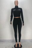 Black Fashion Sexy adult Ma'am Letter Solid Two Piece Suits pencil Long Sleeve Two Pieces