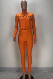 オレンジファッションセクシーな大人のマダムレターソリッドツーピーススーツペンシル長袖ツーピース