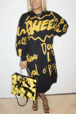 Schwarz-gelbes Spandex-Luftschichtstoff-Buchstaben-Druck-Buchstaben-Basic-O-Ausschnitt, lange Ärmel, mittlere Wadenlänge, gerade Kleider