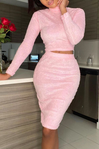 Pink Casual Plush Patchwork Solid Patchwork O Neck Long Sleeve Regular Sleeve Short Two Pieces