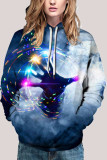 Blue Fashion Street Adult Print Patchwork Pullovers Hooded Collar Outerwear