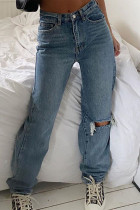 Blue Sexy Solid Mid Waist Straight Distressed Ripped Denim Jeans