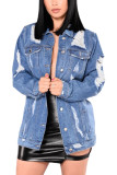 Синий модный сексуальный однотонный рваный отложной воротник для взрослых с длинными рукавами, свободные джинсовые ткани