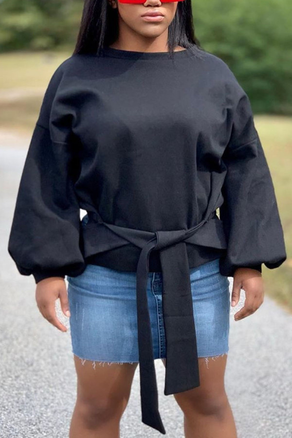 Черные повседневные смешанные однотонные пуловеры с уздечкой и топы с круглым вырезом