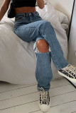 Jeans reto azul Sexy sólido rasgado cintura média