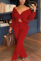 Wine Red Fashion Casual Spandex Pit Article Fabrics Solid Pants Knotted V Neck Long Sleeve Regular Sleeve Regular Two Pieces