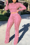 Розовые модные сексуальные уличные вечерние однотонные пуловеры со складками, брюки, полуводолазка с длинным рукавом, обычный рукав, обычные две части