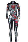 Black Fashion Party Adult Print Patchwork O Neck Skinny Jumpsuits