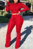 Rode mode sexy straatfeest effen vouw truien broek halve coltrui lange mouw normale mouw normale twee stukken