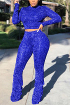 Синий модный сексуальный уличный вечерний однотонный складной пуловер, брюки, полуводолазка с длинным рукавом, обычный рукав, обычные две части