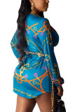 multicolor Fashion Sexy Adult Print Patchwork Turndown Collar Long Sleeve Mini Printed Dress Dresses
