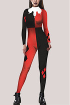 Röd och svart Fashion Party Vuxentryck Patchwork O Neck Skinny Jumpsuits