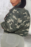 Army Green Fashion Sexy Adult Print Camouflage Print Cardigan Turndown Collar Long Sleeve Loose Denim