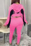 Pink Fashion Sexy Adult Patchwork Solid Tassel Patchwork Hooded Collar Long Sleeve Regular Sleeve Short Two Pieces