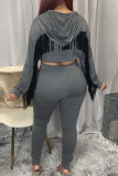 Dark Gray Fashion Sexy Adult Patchwork Solid Tassel Patchwork Hooded Collar Long Sleeve Regular Sleeve Short Two Pieces