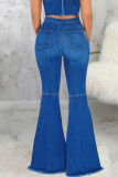 Color blue Sexy Solid Ripped High Waist Flare Leg Boot Cut Denim Jeans