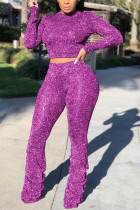 Фиолетовый модный сексуальный уличный вечерний однотонный складной пуловер, брюки, половина водолазки с длинным рукавом, обычный рукав, обычные две части