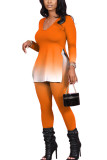 Orange Fashion Casual Adult Gradual Change Slit U Neck Long Sleeve Regular Sleeve Regular Two Pieces