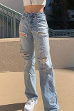 Blue Sexy Solid Mid Waist Straight Ripped Denim Jeans