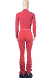 Rosso Moda Sexy Street Party Solid Fold Pullover Pantaloni Mezzo dolcevita Manica lunga Manica regolare Regular Due pezzi