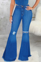 Color blue Sexy Solid Ripped High Waist Flare Leg Boot Cut Denim Jeans