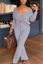 Grey Fashion Casual Spandex Pit Article Fabrics Solid Pants Knotted V Neck Long Sleeve Regular Sleeve Regular Two Pieces