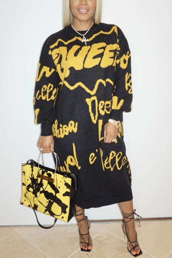 Черно-желтый спандекс с воздушным слоем ткани с буквенным принтом и буквенным принтом, базовые прямые платья до середины икры с длинными рукавами и круглым вырезом