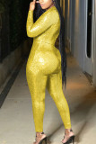 Желтые модные уличные однотонные облегающие комбинезоны с V-образным вырезом для взрослых