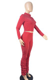 Röd Mode Sexig Gatufest Solid Fold Pullovers Byxor Halv Turtleneck Långärmad Vanlig ärm Vanlig Tvådelad