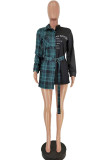 Red Fashion Sexy Adult Plaid Patchwork Patchwork With Belt V Neck Long Sleeve Mini Shirt Dress Dresses