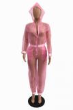 ピンク ファッション カジュアル ソリッド パースペクティブ ポケット 非対称ジッパー 蛍光 長袖 フード付き