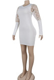 Белые сексуальные вечерние марлевые изделия из ткани в стиле пэчворк, однотонные лоскутные прозрачные мини-платья трапециевидной формы с круглым вырезом и длинными рукавами