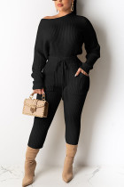 Black Casual Daily Pit Article Fabrics Solid Pullovers Pants O Neck Long Sleeve Regular Sleeve Regular Two Pieces
