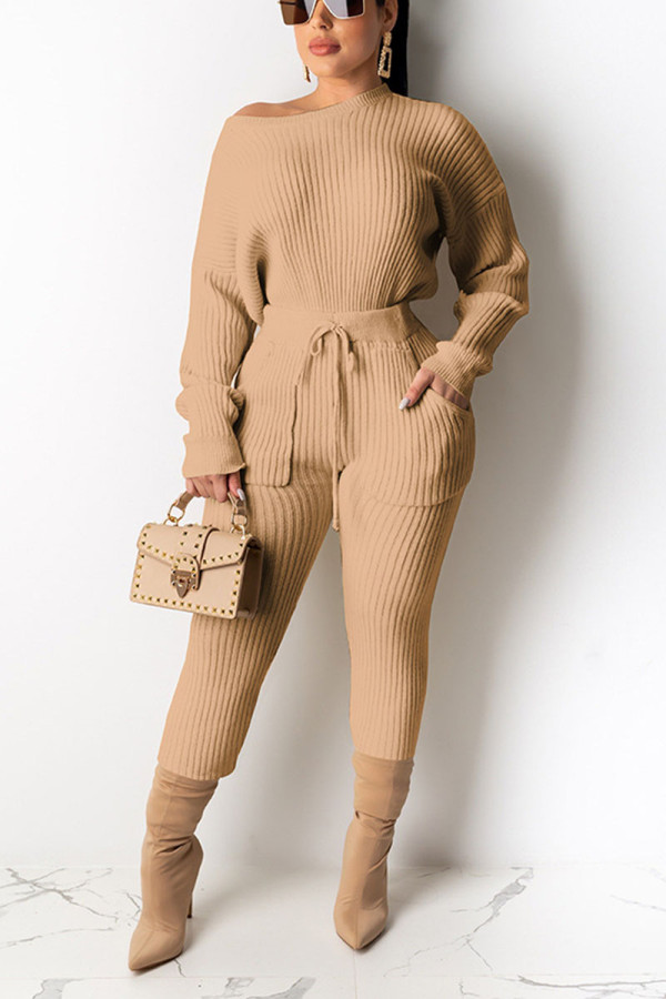 Apricot Casual Daily Pit Article Fabrics Solid Pullovers Pants O Neck Long Sleeve Regular Sleeve Regular Two Pieces