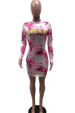 Pink Fashion Casual Twilled Satin Letter Print Ripped Tie-dye Letter Half A Turtleneck Long Sleeve Mini A Line Dresses