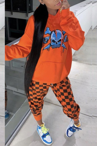 Orange Fashion Skull Head Plaid Print Draw String Hooded Collar Long Sleeve Cap Sleeve Regular Two Pieces