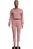 Pink Fashion Street Adult Solid Patchwork Hooded Collar Long Sleeve Regular Sleeve Short Two Pieces