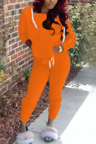 Оранжевый модный повседневный саржевый атлас для взрослых, однотонный лоскутный воротник с капюшоном, длинный рукав, обычный рукав, стандартный комплект из двух предметов