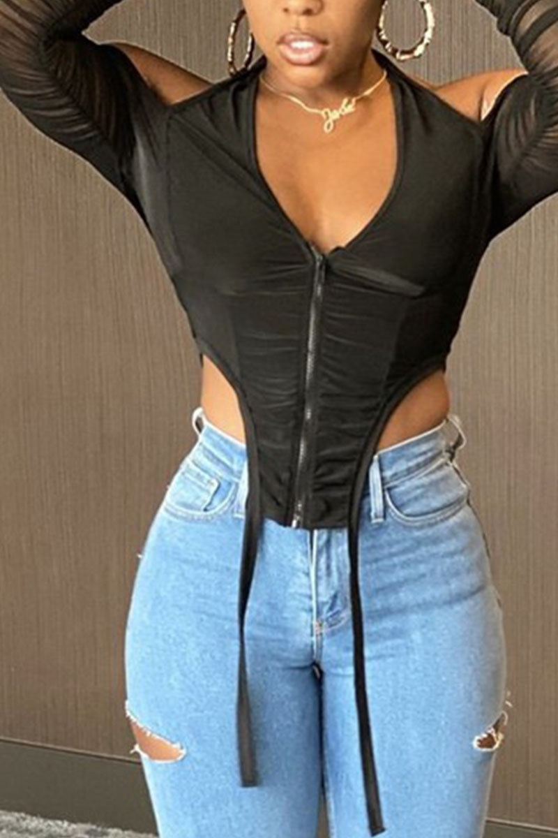 

Black Celebrities Solid Split Joint Fold Spaghetti Strap Tops