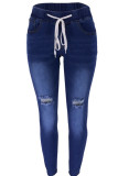 Calça jeans skinny azul escuro sólido rasgado make old draw string frênulo