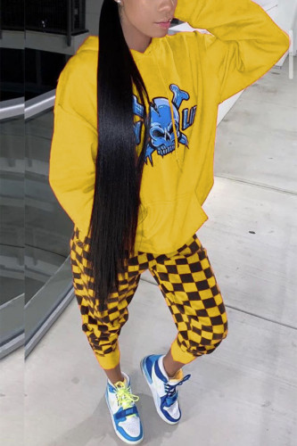 Yellow Fashion Skull Head Plaid Print Draw String Hooded Collar Long Sleeve Cap Sleeve Regular Two Pieces