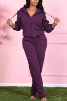 purple Fashion Casual Adult Solid Draw String Hooded Collar Long Sleeve Regular Sleeve Regular Two Pieces