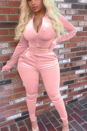 Pink Street Pleuche Solid V Neck Long Sleeve Regular Sleeve Regular Two Pieces