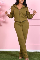 Army Green Fashion Casual Adult Solid Draw String Hooded Collar Long Sleeve Regular Sleeve Regular Two Pieces