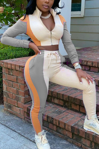 Grey Fashion Casual Adult Patchwork Solid Patchwork O Neck Long Sleeve Regular Sleeve Regular Two Pieces