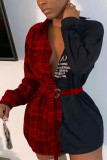 Rode mode sexy volwassen geruite patchwork patchwork met riem v-hals mini-shirtjurk met lange mouwen