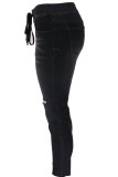 Schwarze, solide, zerrissene Frenulum-Hosen mit hoher Taille und hoher Taille