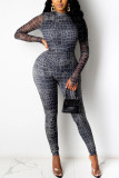 Royal blue Fashion Street Adult Print Patchwork O Neck Skinny Jumpsuits